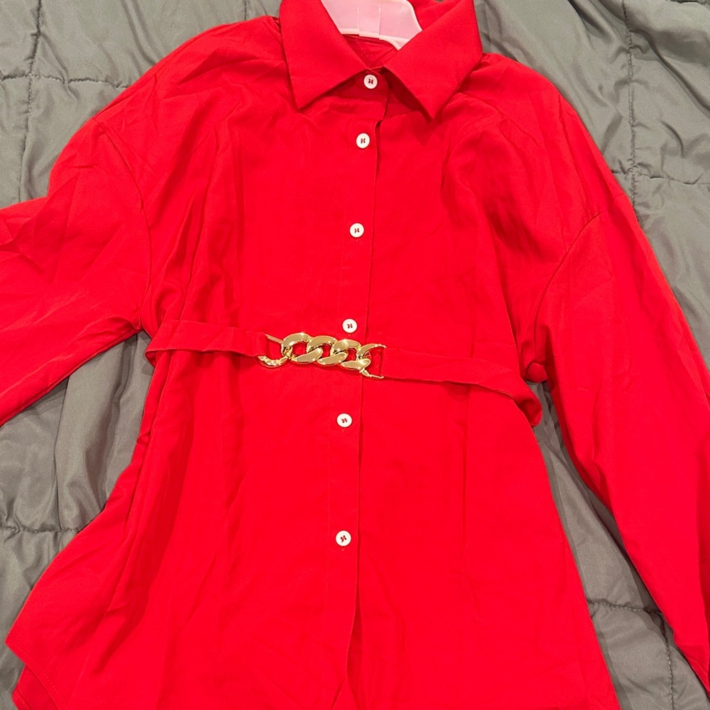 Red Button-Up Shirt with Gold Chain Detail